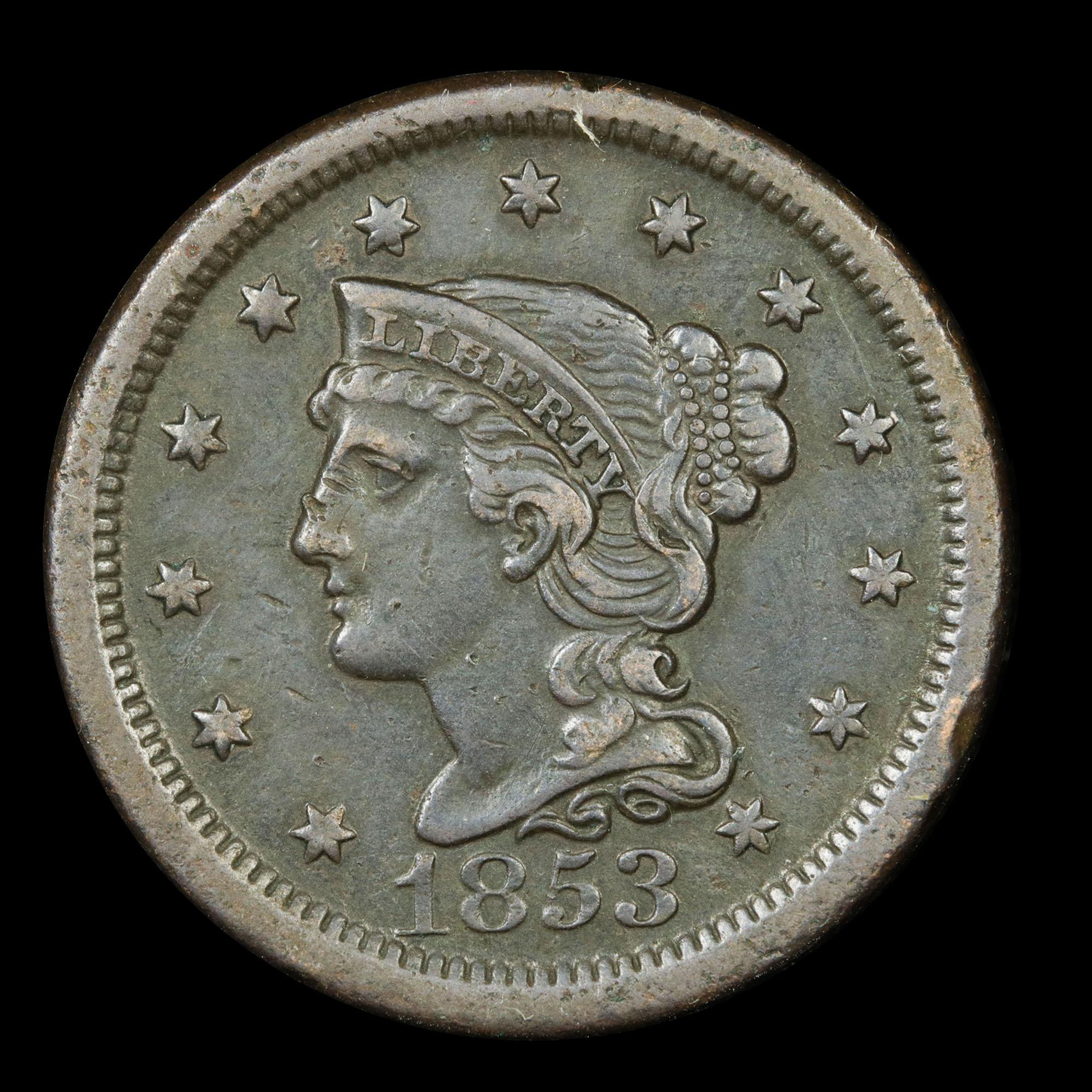 1853 Braided Hair Large Cent 1c Grades AU, Almost Unc