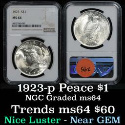 NGC 1923-p Peace Dollar $1 Graded ms64 by NGC