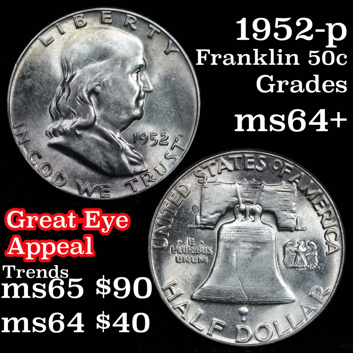 1952-p Franklin Half Dollar 50c Grades Choice+ Unc