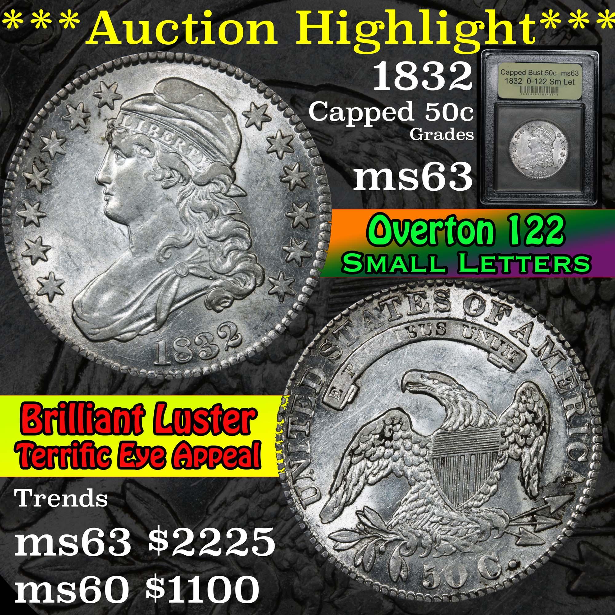 ***Auction Highlight** 1832, 0-122 Sm Let Capped Bust Half Dollar 50c Graded Select Unc By USCG