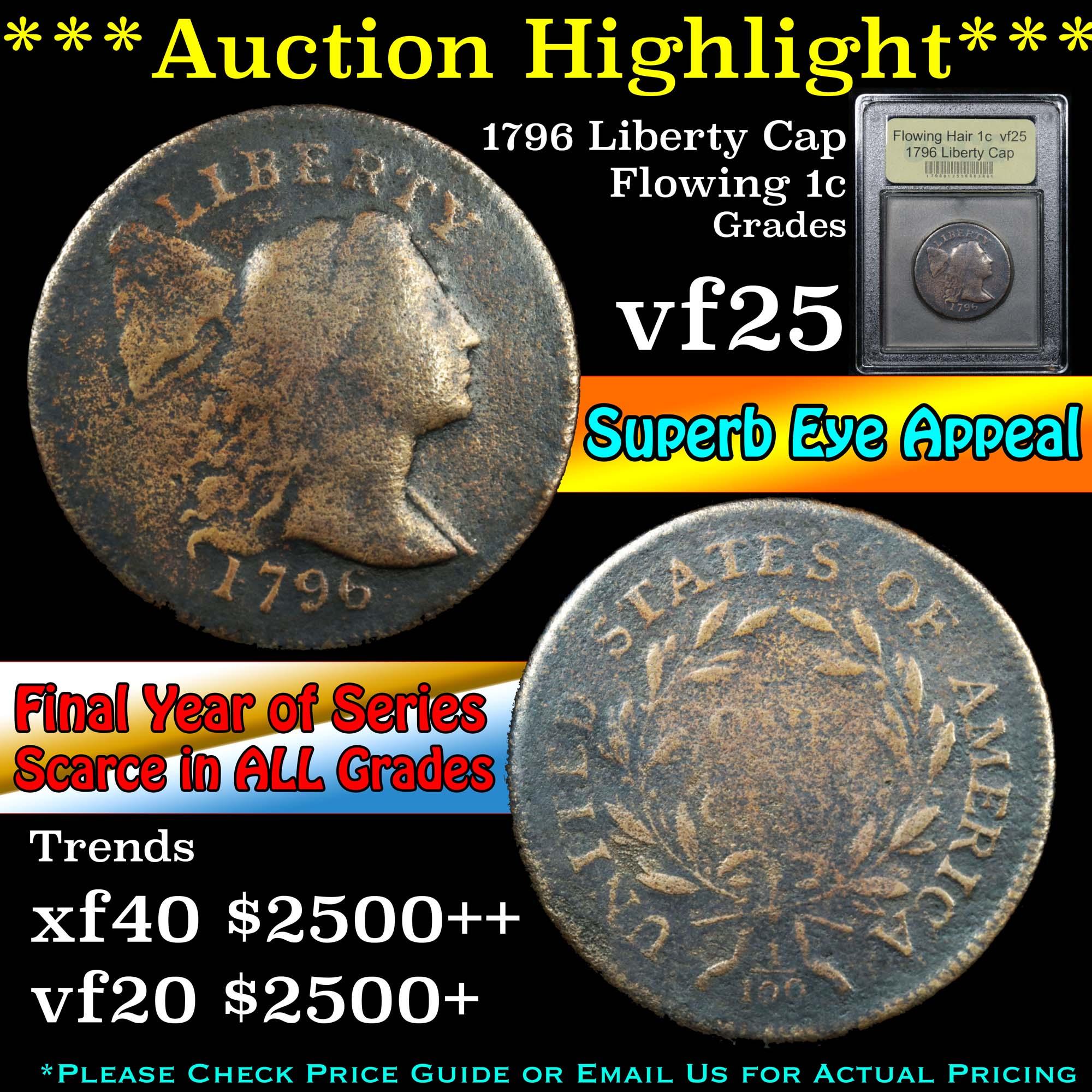 ***Auction Highlight*** 1796 Liberty Cap Flowing Hair large cent 1c Graded vf+ By USCG (fc)