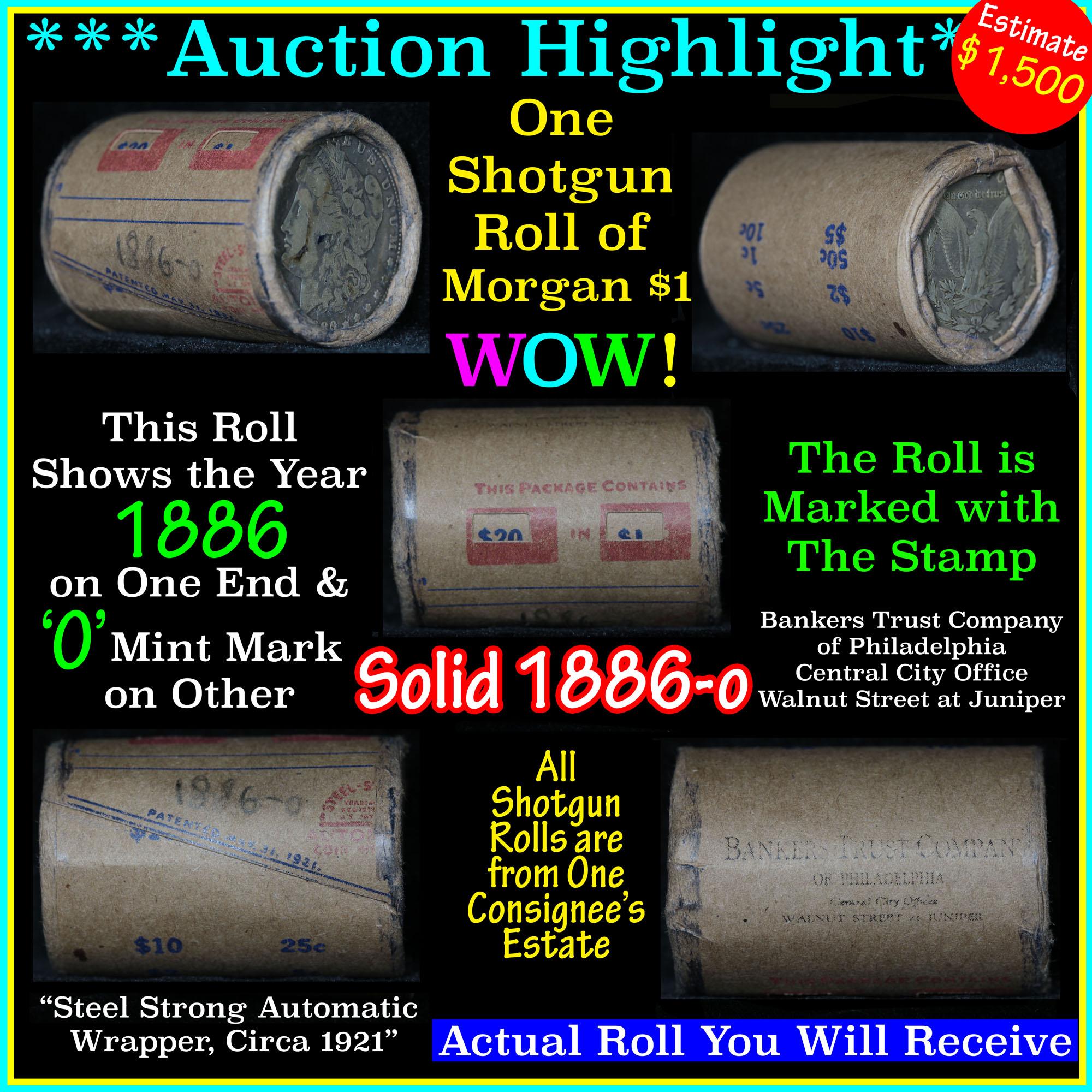 ***Auction Highlight*** Solid date Shotgun Roll of 1886-o Morgan Dollars, Average circ (fc)