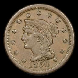 1850 Braided Hair Large Cent 1c Grades AU, Almost Unc