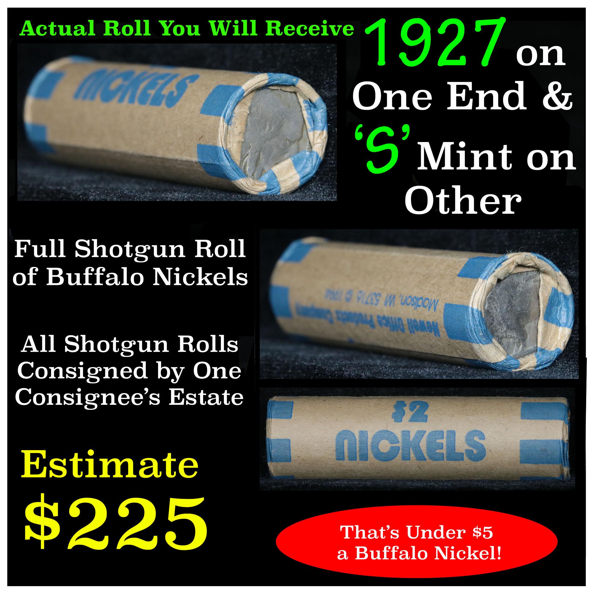 Full roll of Buffalo Nickels, 1927 on one end & a 's' Mint reverse on other end (fc)
