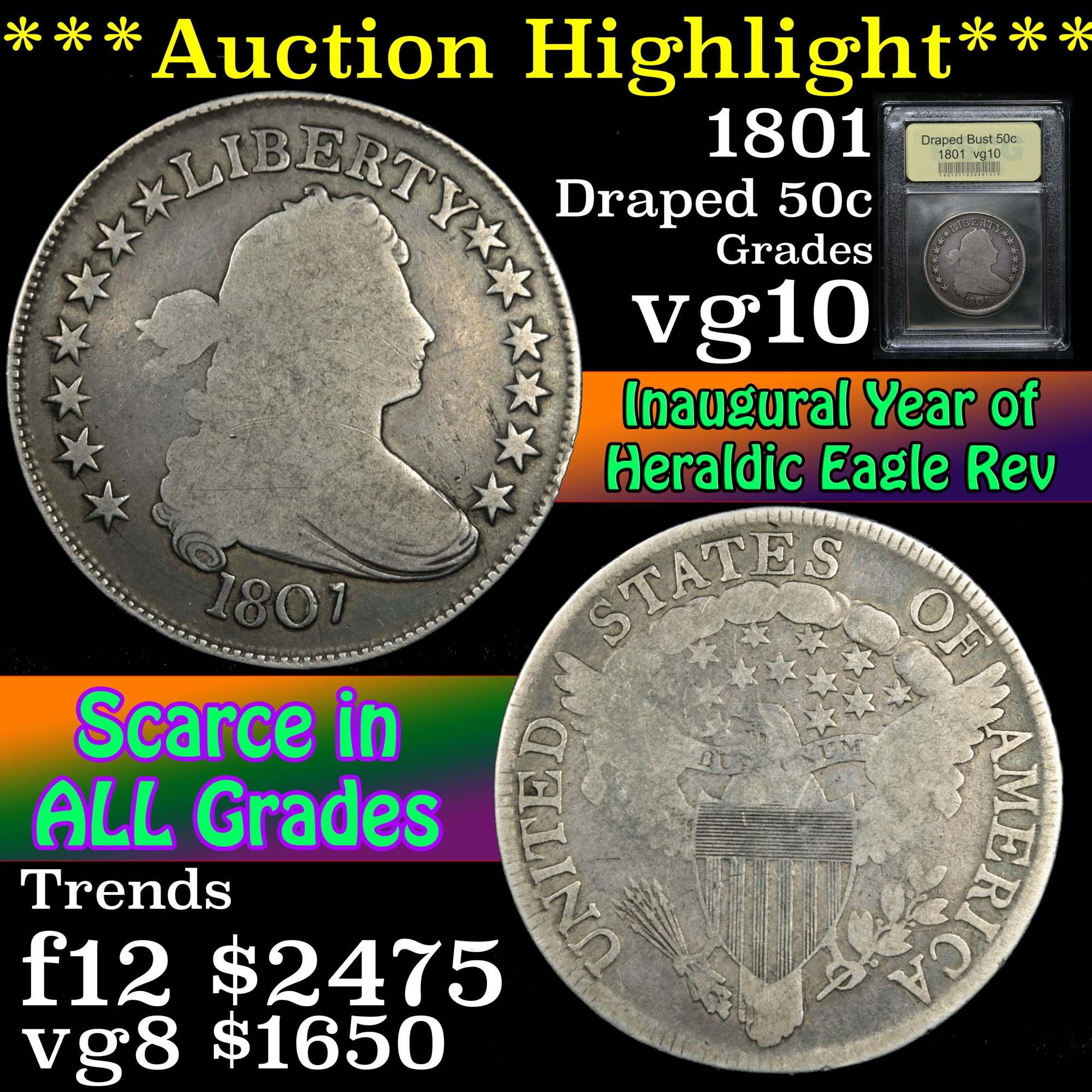 ***Auction Highlight*** 1801 Draped Bust Half Dollar 50c Graded vg+ By USCG (fc)