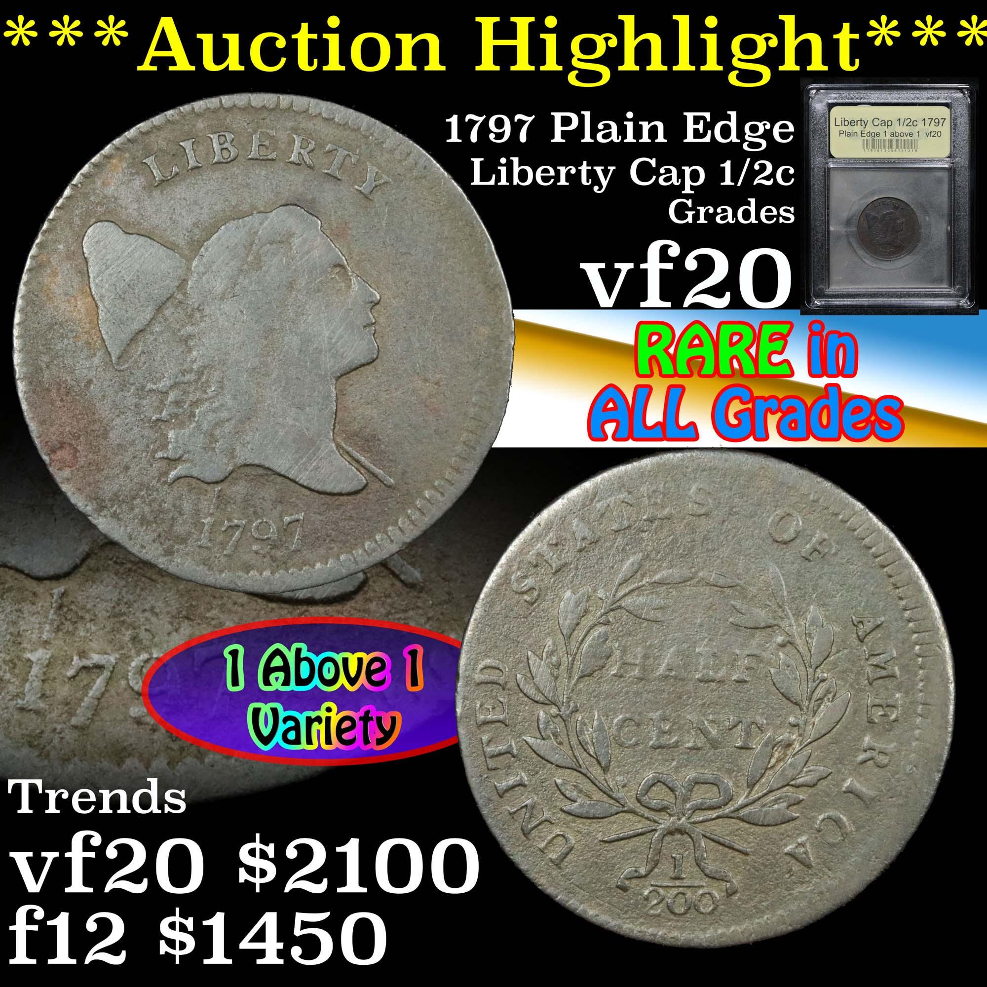 ***Auction Highlight*** 1797 Plain Edge 1 above 1 Liberty Cap 1/2c Graded vf, very fine By USCG (fc)
