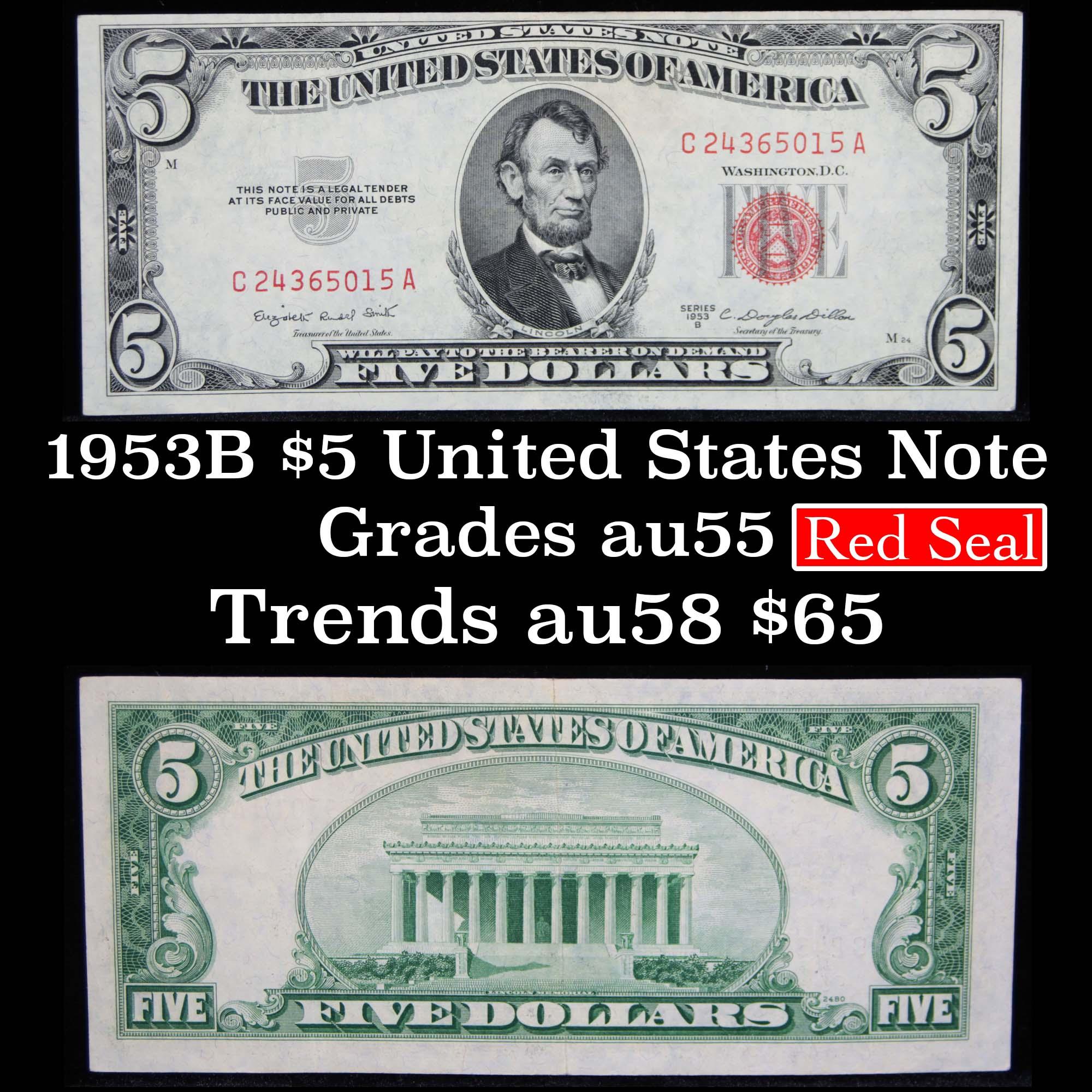 1953B $5 Red Seal United States Note Grades Choice AU