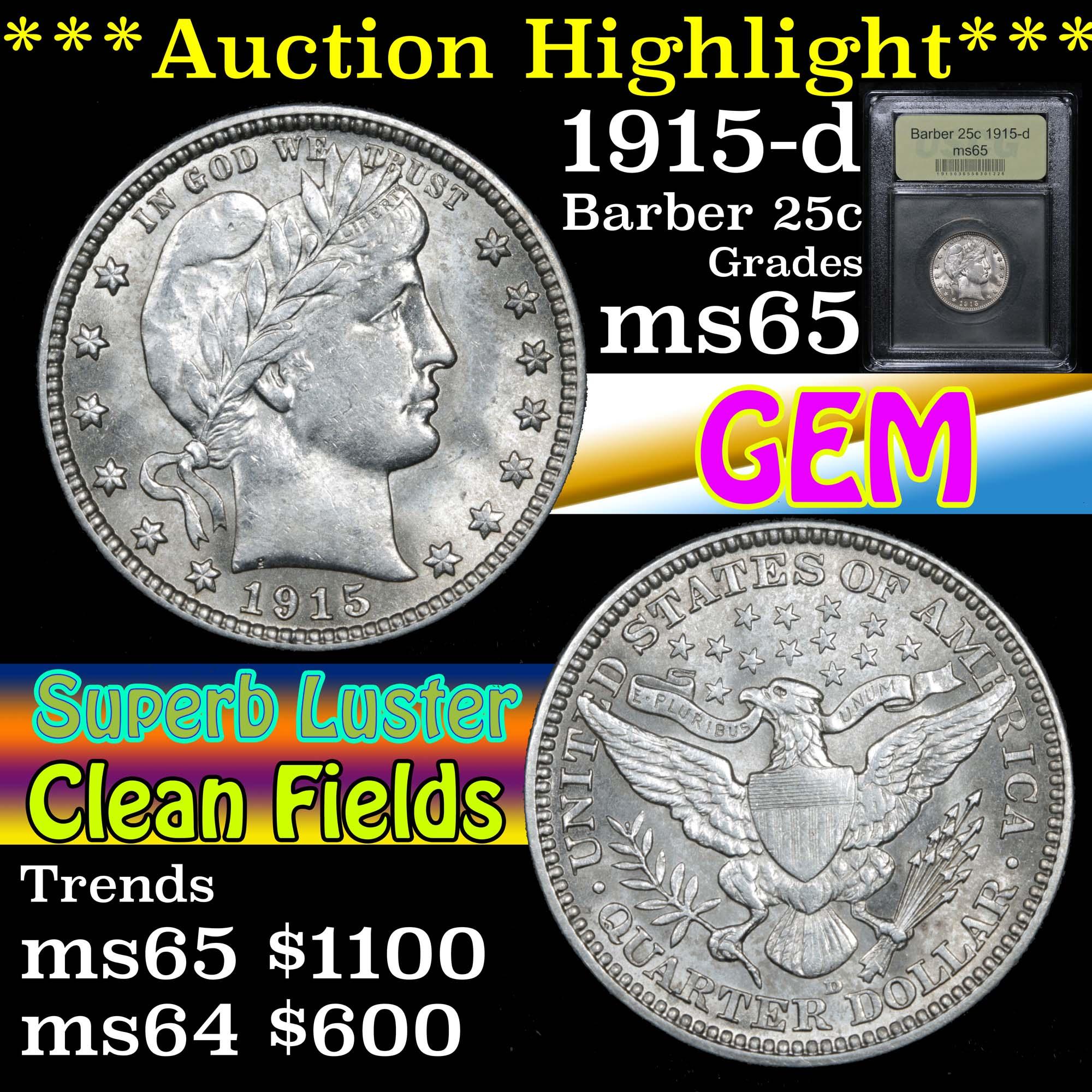 ***Auction Highlight*** 1915-d Barber Quarter 25c Graded GEM Unc By USCG (fc)