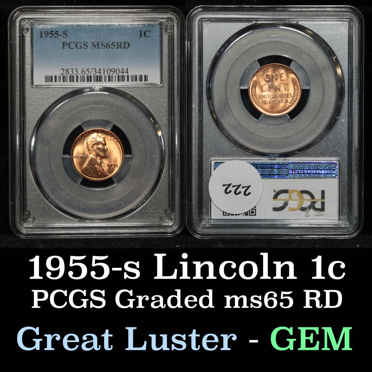 PCGS 1955-s Lincoln Cent 1c Graded ms65 RD By PCGS