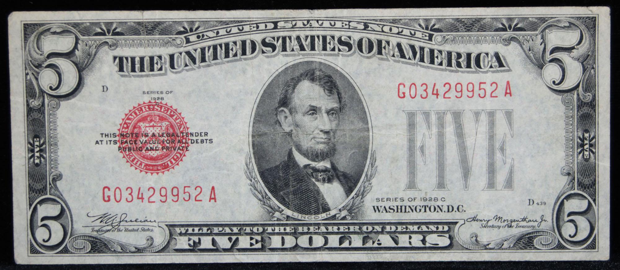 1928C $5 Red Seal United States Note Grades xf