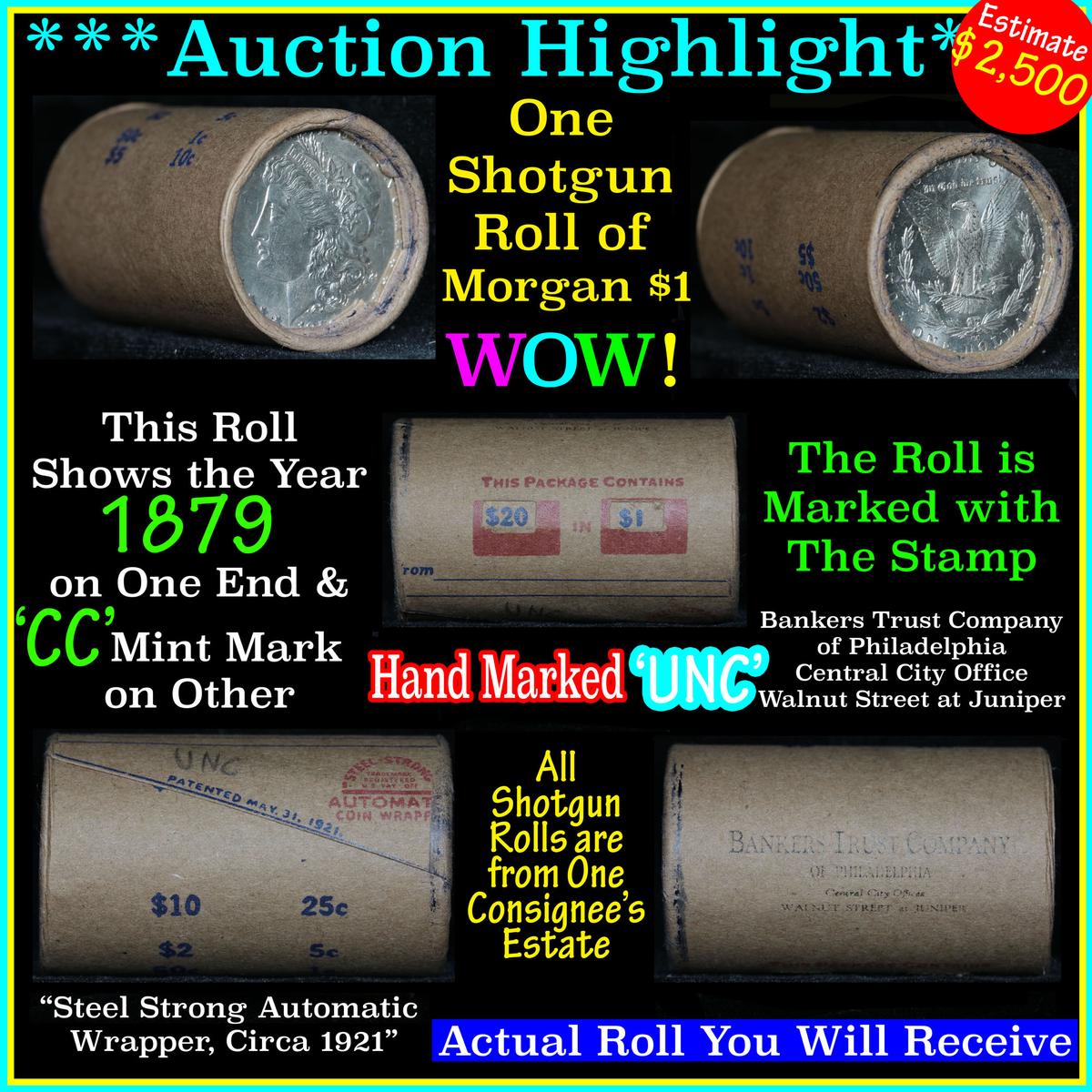 *Auction Highlight* Incredible Find, Uncirculated Morgan $1 Shotgun Roll w/1879 & cc mint ends  (fc)