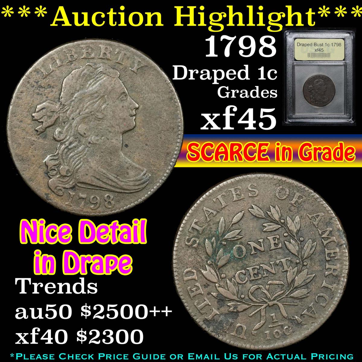 ***Auction Highlight*** 1798 Draped Bust Large Cent 1c Graded xf+ By USCG (fc)