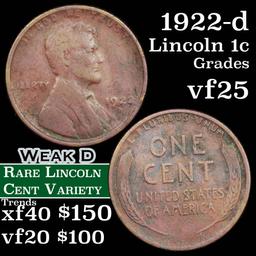 1922-d Lincoln Cent 1c Grades vf+