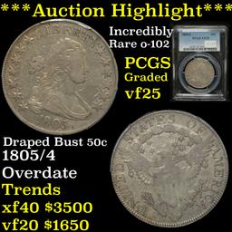 ***Auction Highlight*** PCGS 1805/4 Draped Bust Half Dollar 50c Graded vf25 By PCGS (fc)