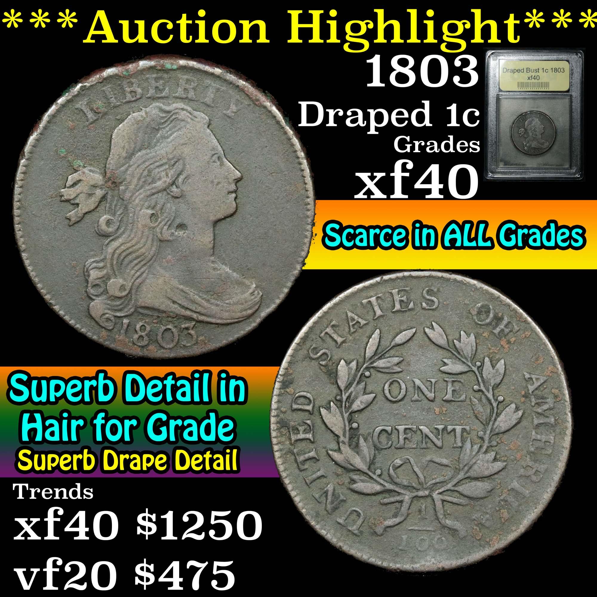 ***Auction Highlight*** 1803 Draped Bust Large Cent 1c Graded xf by USCG (fc)