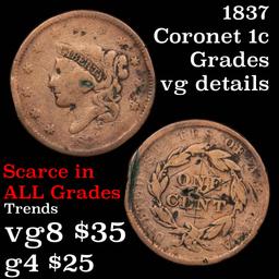 1837 Coronet Head Large Cent 1c Grades vg details