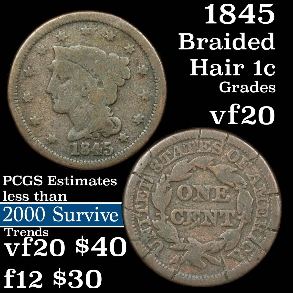 1845 Braided Hair Large Cent 1c Grades vf, very fine