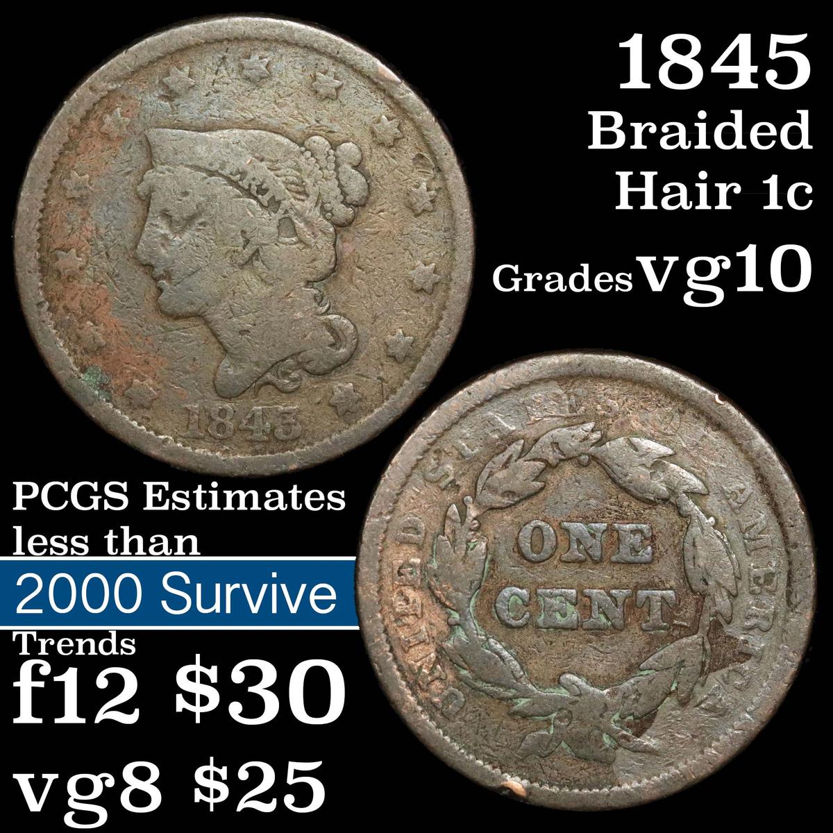 1845 Braided Hair Large Cent 1c Grades vg+