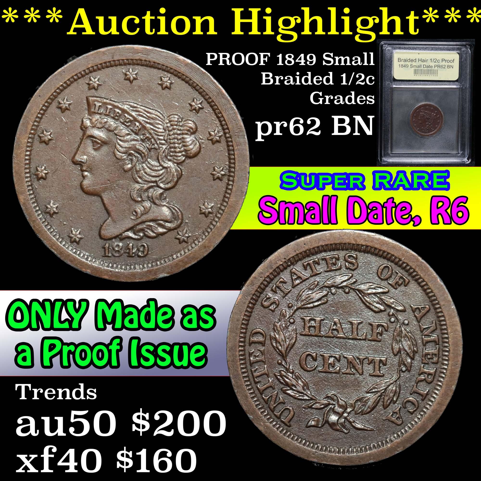 **Auction Highlight** Proof 1849 Small Date,  R-6 Braided Hair Half Cent 1/2c Graded Proof By USCG