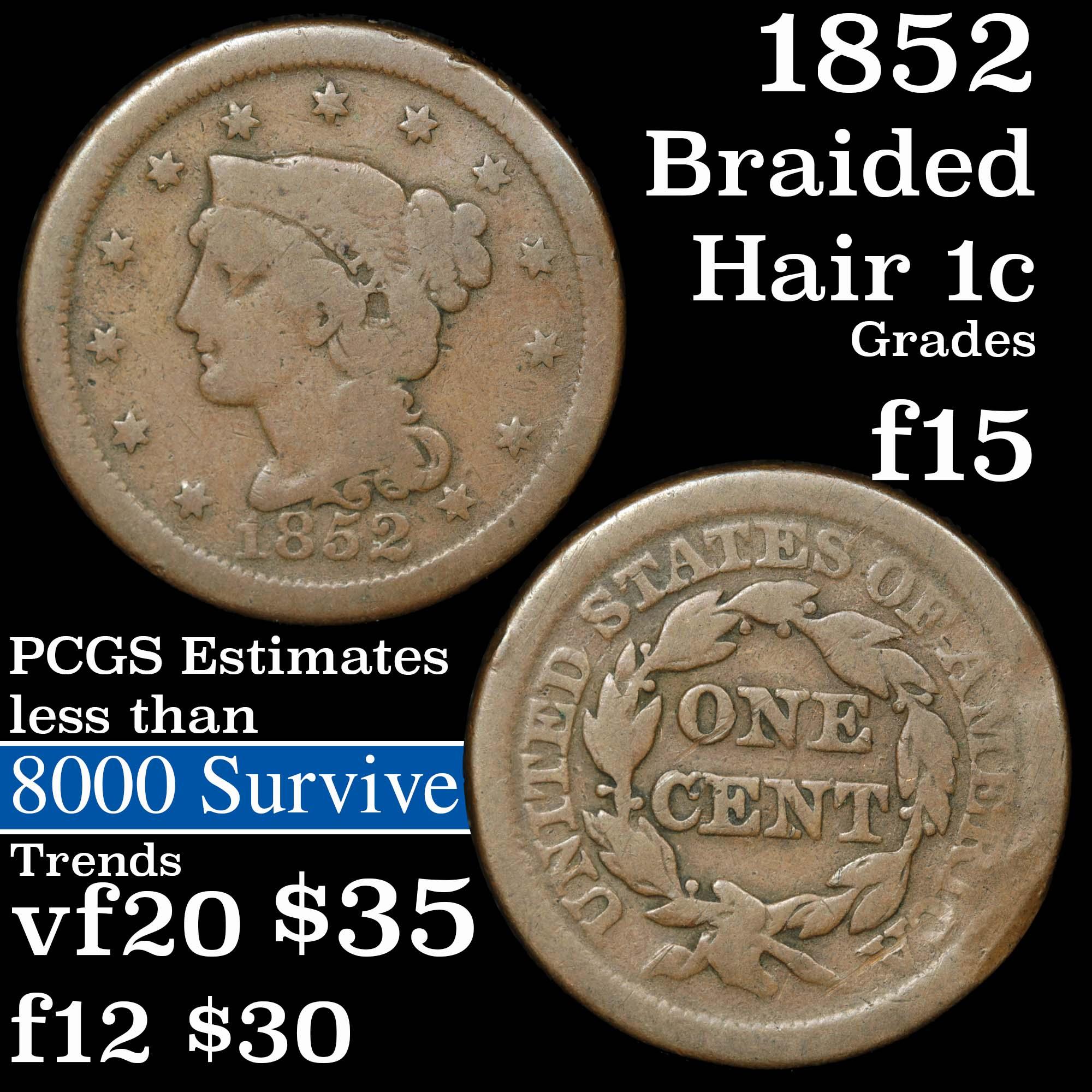 1852 Braided Hair Large Cent 1c Grades f+