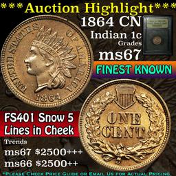 **Auction Highlight* 1864 CN, FS401, Lines cheek,  Finest Known Indian Cent 1c Grades GEM++ Unc (fc)