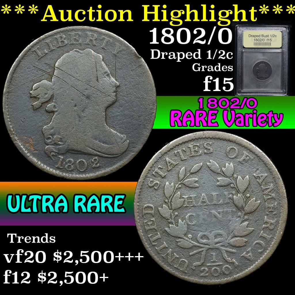 ***Auction Highlight*** 1802/0 Draped Bust Half Cent 1/2c Graded f+ By USCG (fc)