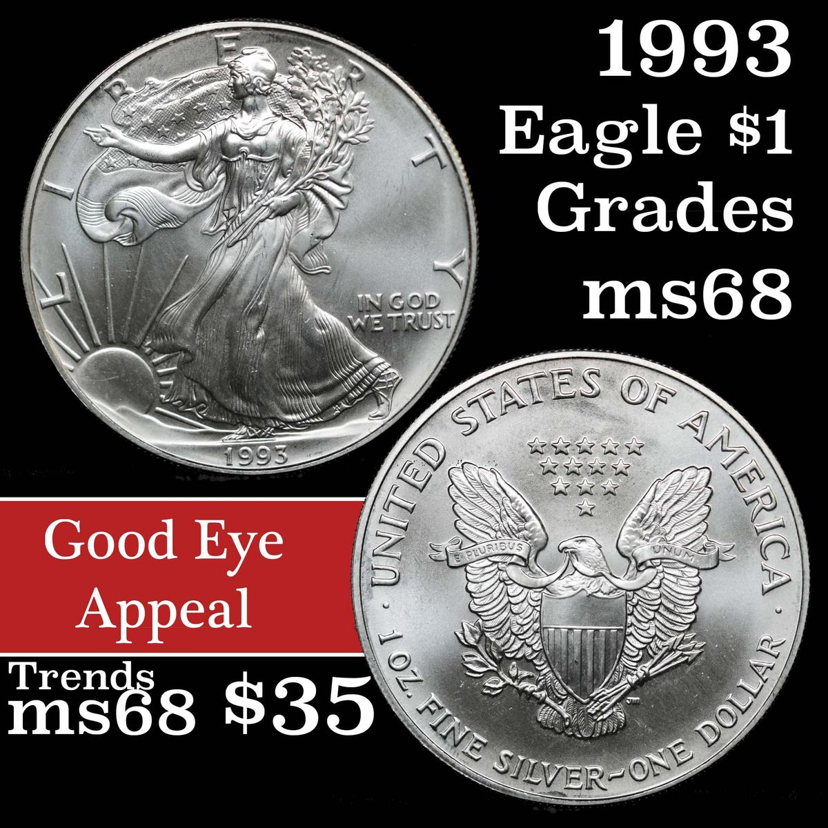 1993 Silver Eagle Dollar $1 Grades GEM+++ Unc