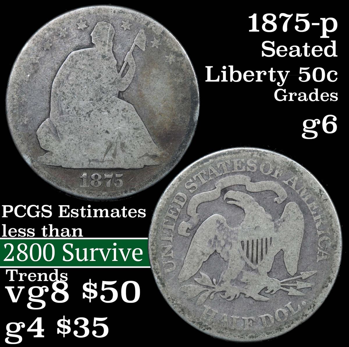 1875-p Seated Half Dollar 50c Grades g+