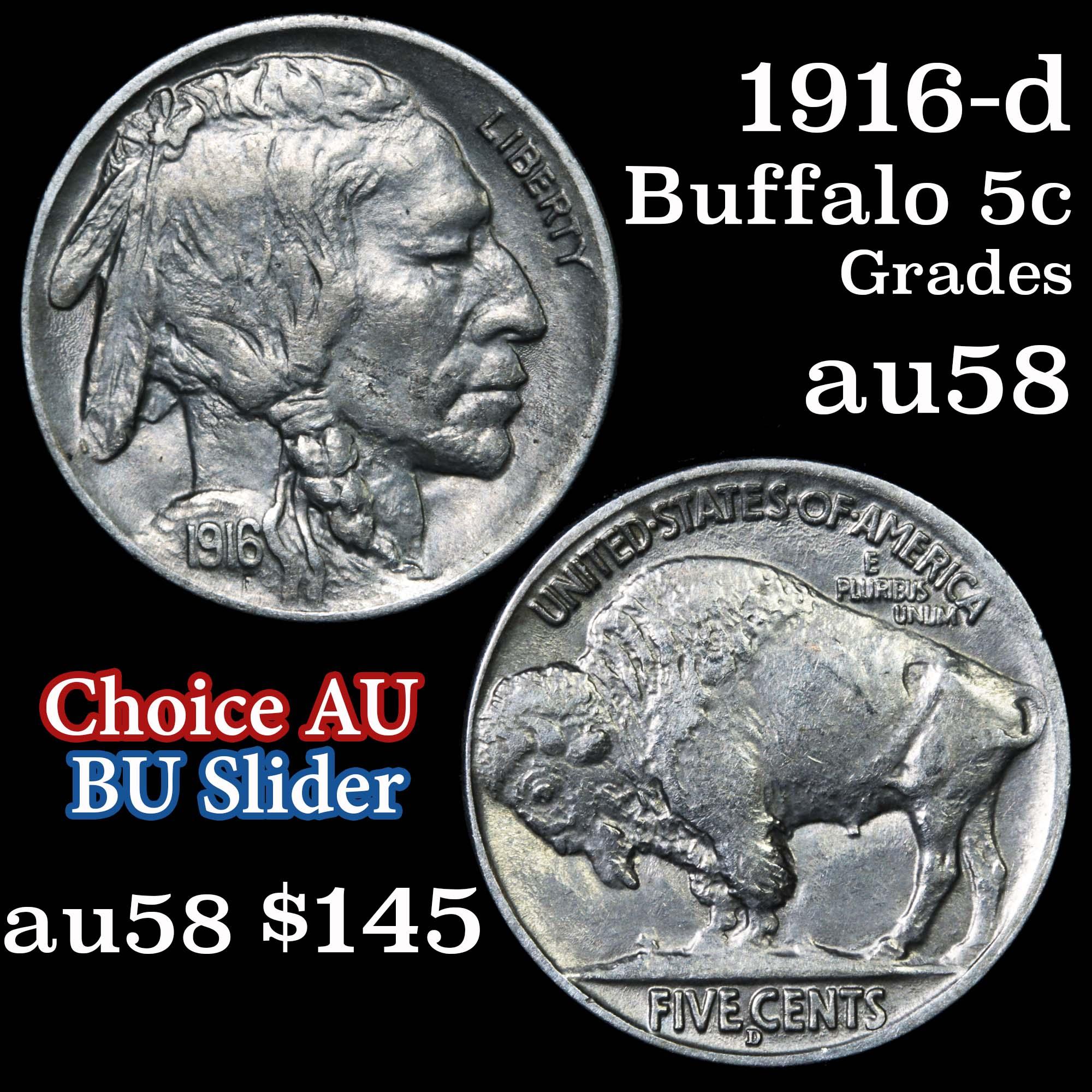 1916-d Buffalo Nickel 5c Grades Choice AU/BU Slider