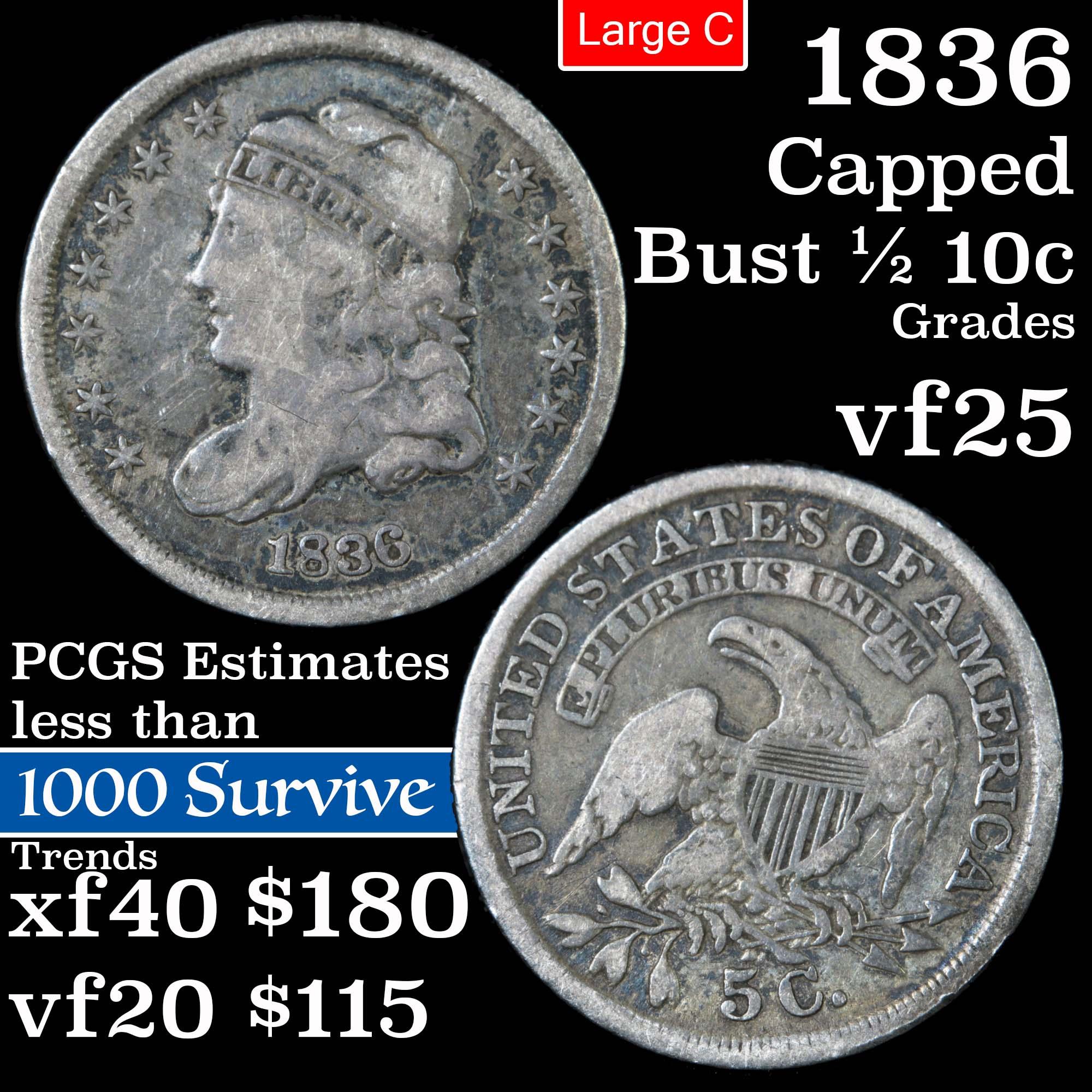 1836 Capped Bust Half Dime 1/2 10c Grades vf+