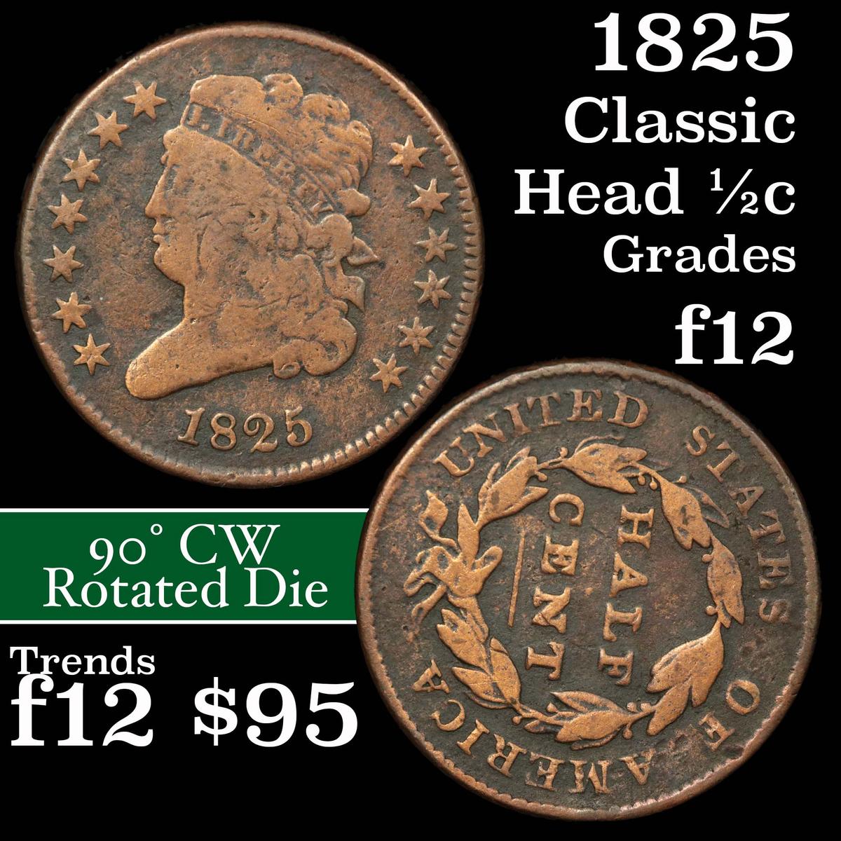 1825 Classic Head half cent 1/2c Grades f, fine