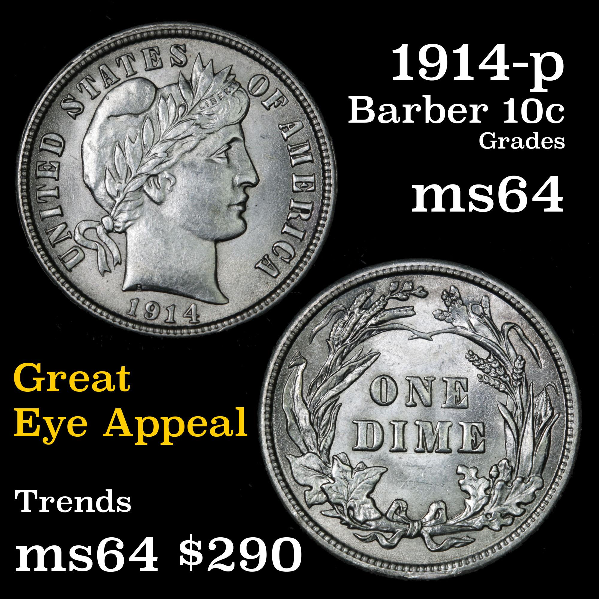 1914-p Barber Dime 10c Grades Choice Unc