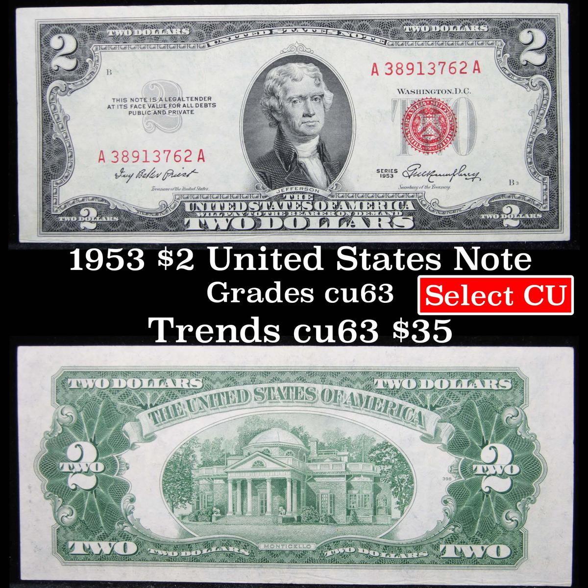 1953 $2 Red Seal United States Note Grades Select CU