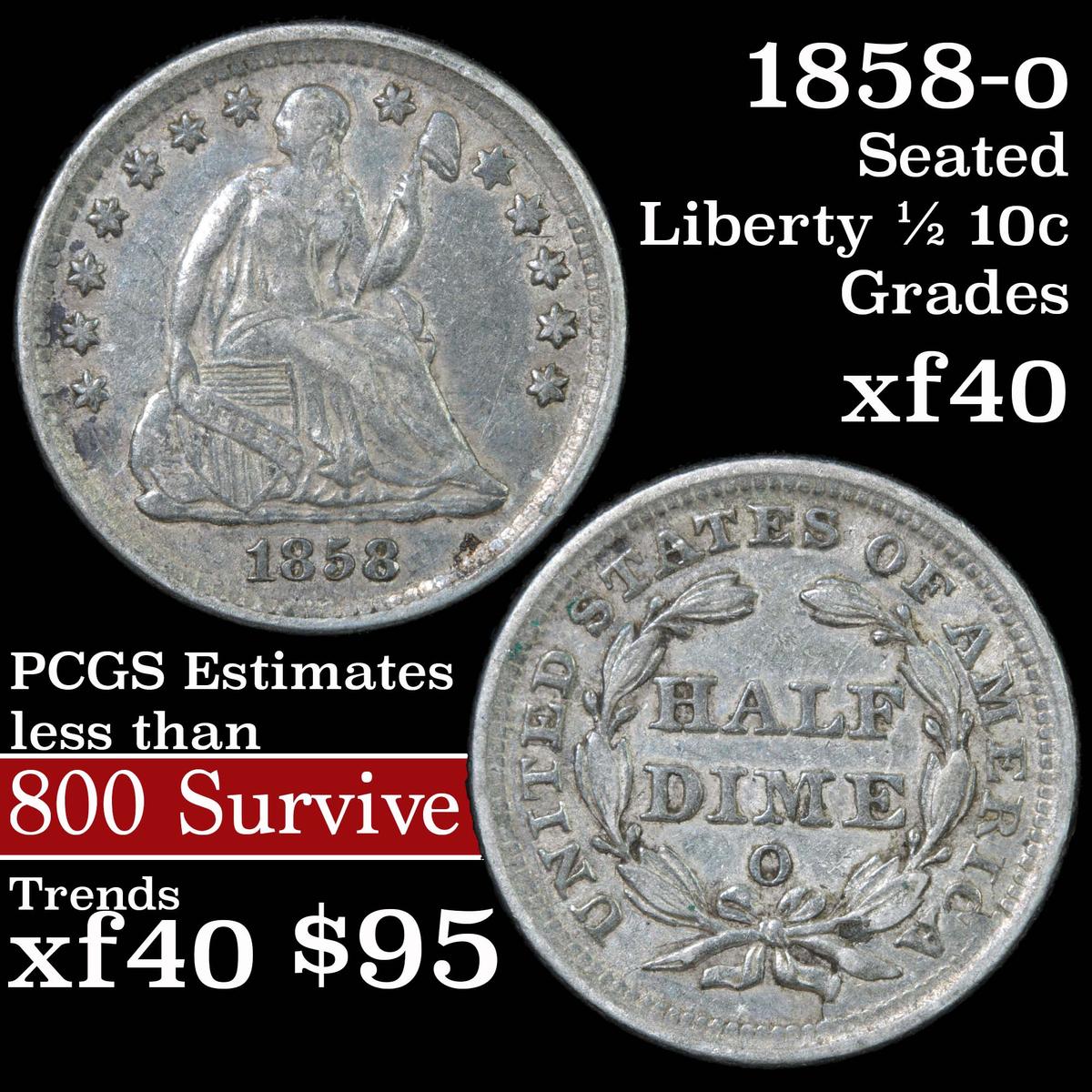 1858-o Seated Liberty Half Dime 1/2 10c Grades xf