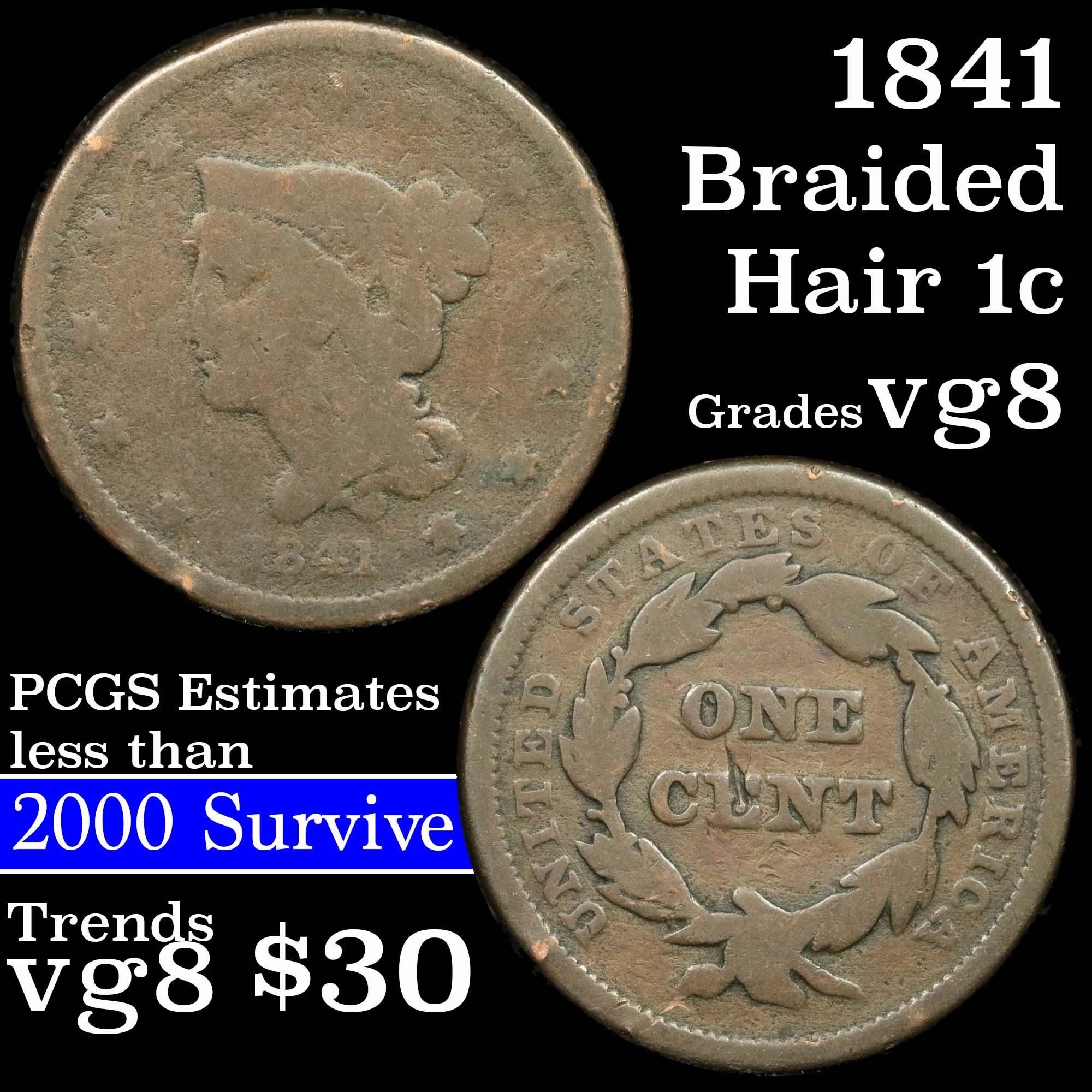 1841 Braided Hair Large Cent 1c Grades vg, very good