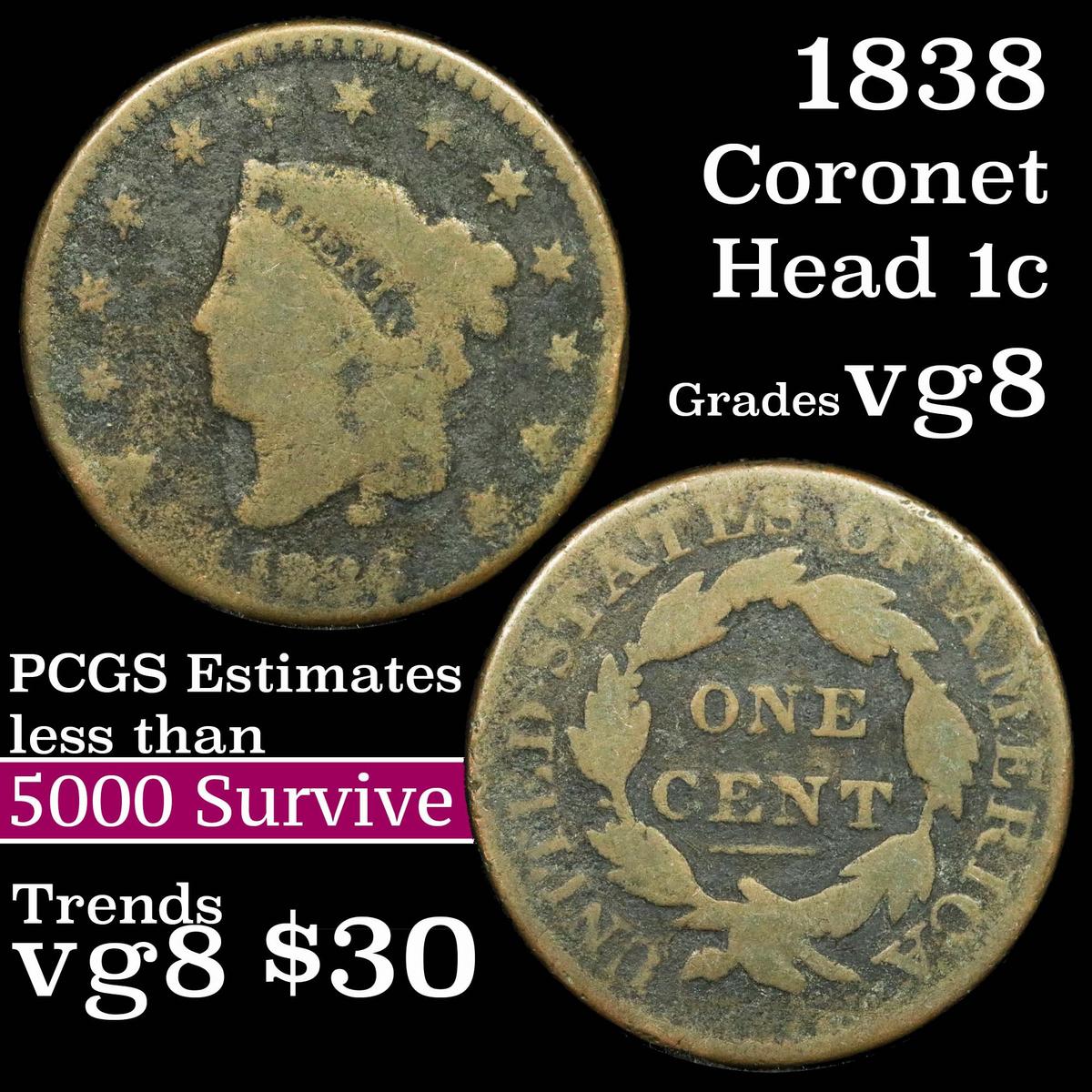 1838 Coronet Head Large Cent 1c Grades vg, very good