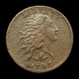 ***Auction Highlight*** 1793 wreath vine&bars Flowing Hair large cent 1c Graded xf By USCG (fc)