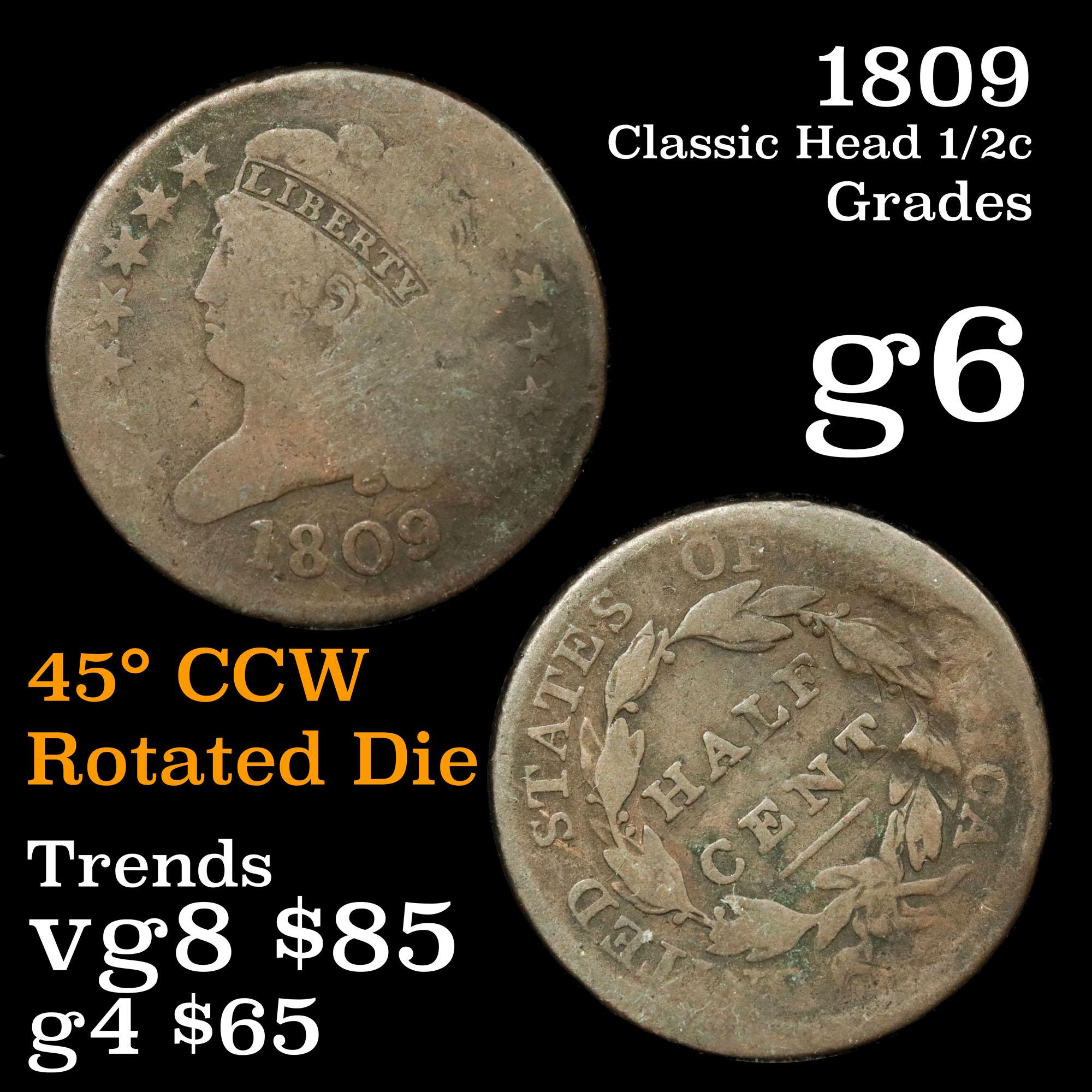 1809 Classic Head half cent 1/2c Grades g+