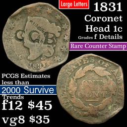 1831 Rare Counterstamp Coronet Head Large Cent 1c Grades f details