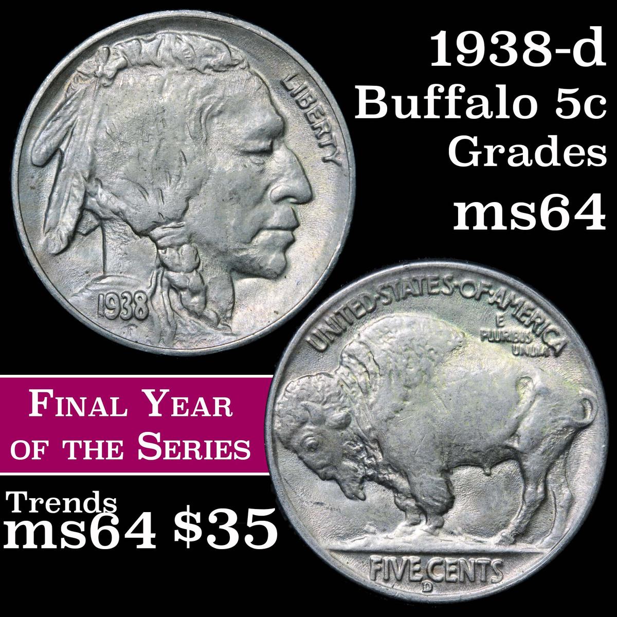 1938-d Buffalo Nickel 5c Grades Choice Unc