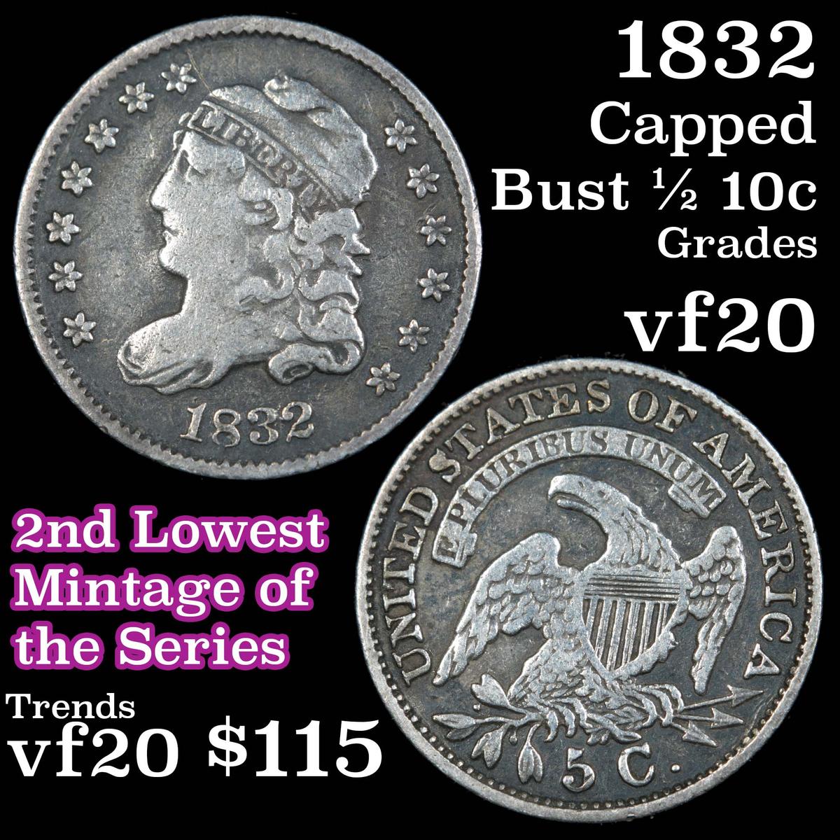 1832 Capped Bust Half Dime 1/2 10c Grades vf, very fine