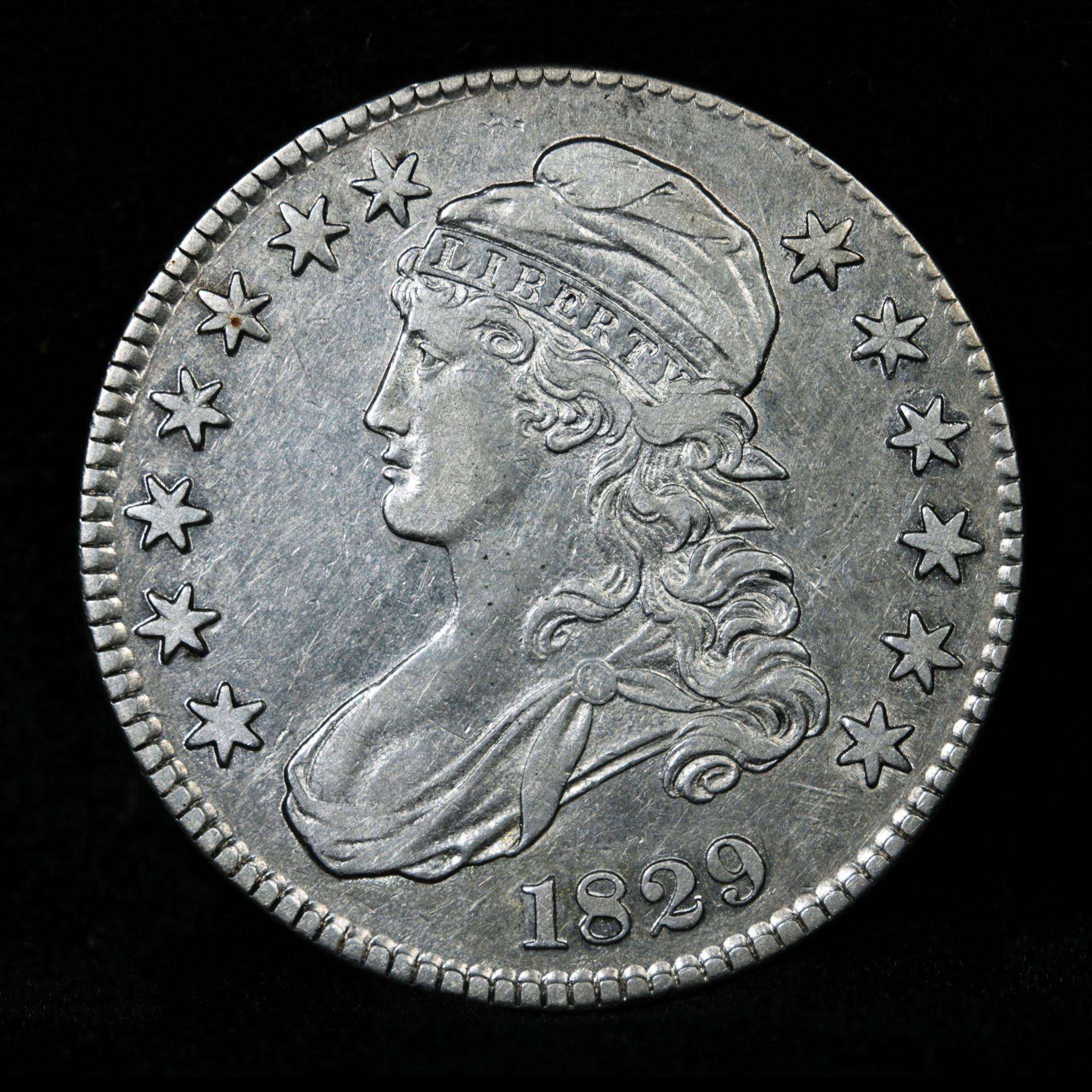 ***Auction Highlight*** 1829 Capped Bust Half Dollar 50c Grades AU, Almost Unc (fc)