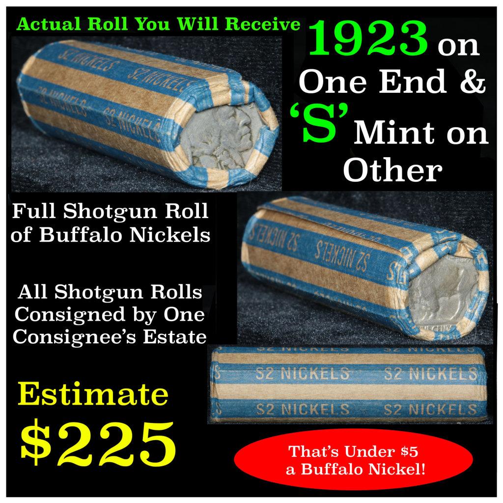 Full roll of Buffalo Nickels, 1923 on one end & a 's' Mint reverse on other end (fc)