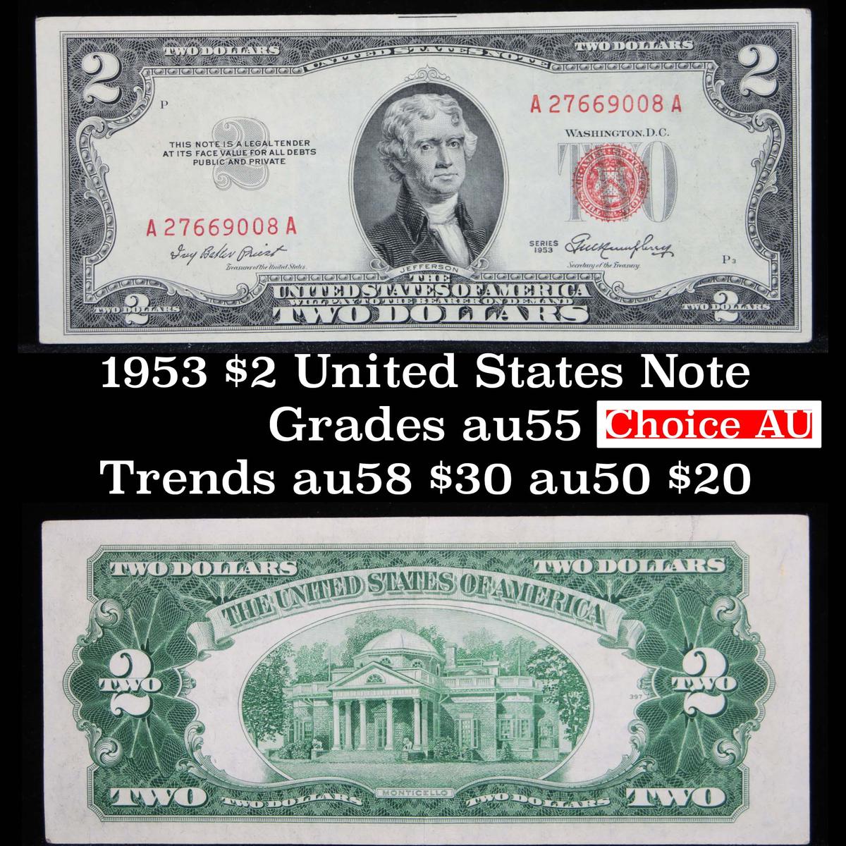 1953 $2 Red Seal United States Note Grades Choice AU