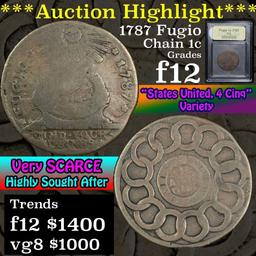 ***Auction Highlight*** 1787 States United, 4 Cinq Fugio 1c Graded f, fine by USCG (fc)