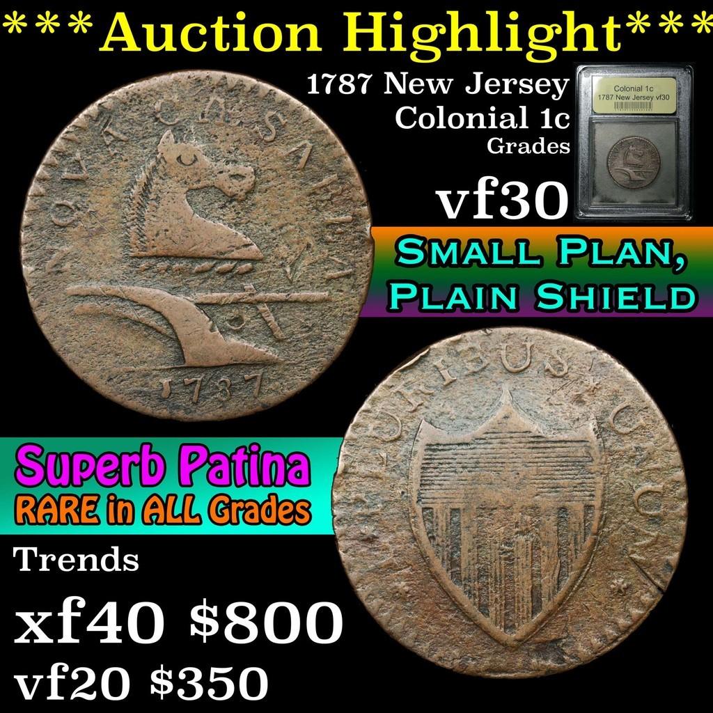 ***Auction Highlight*** 1787 New Jersey, Sm Plan, Plain Shield Colonial 1c Graded vf++ by USCG (fc)