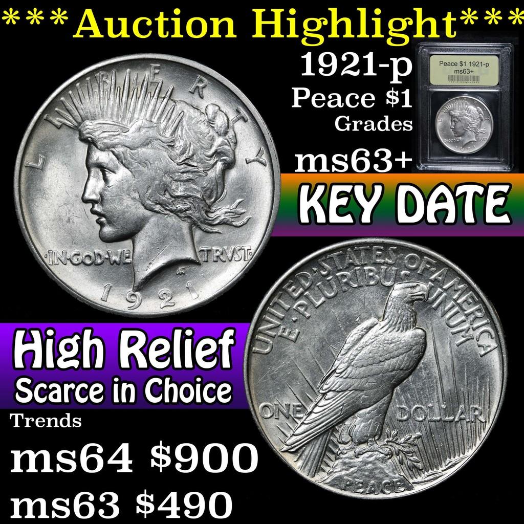 ***Auction Highlight*** 1921-p Peace Dollar $1 Graded Select+ Unc by USCG (fc)