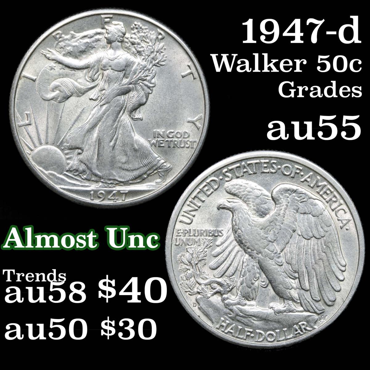 1947-d Walking Liberty Half Dollar 50c Grades Choice AU