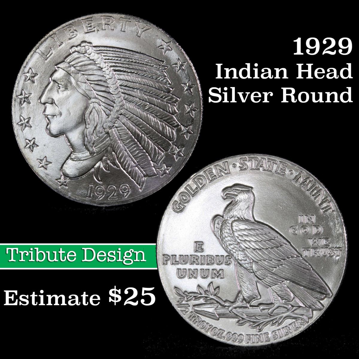 1929 1/2 oz silver round .999 fine indian gold replica