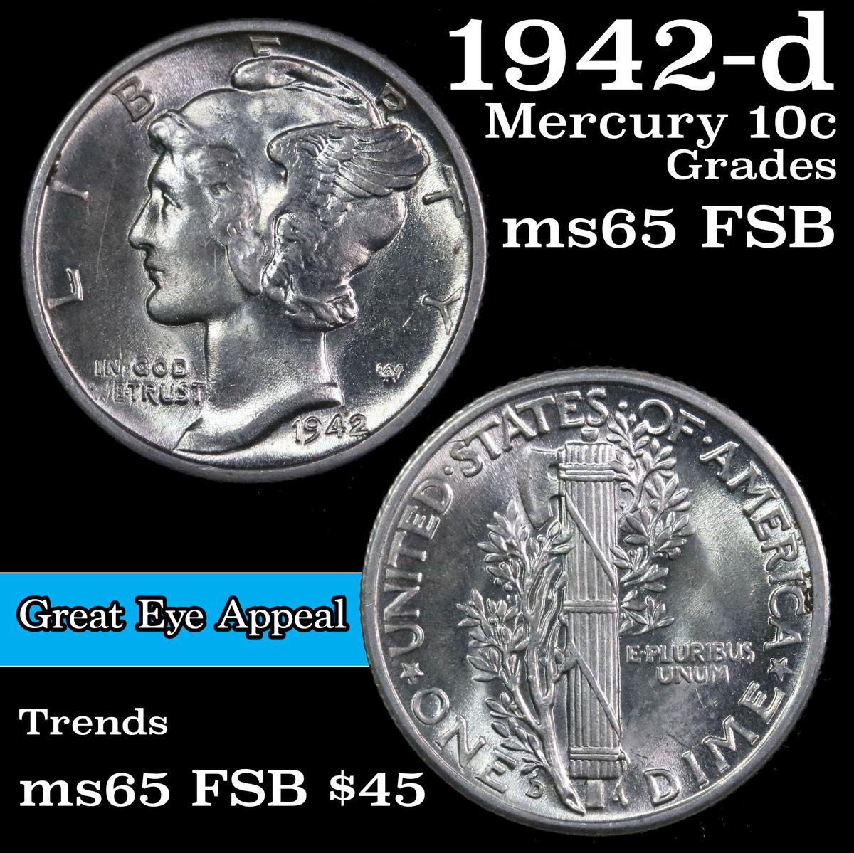 1942-d Mercury Dime 10c Grades GEM FSB